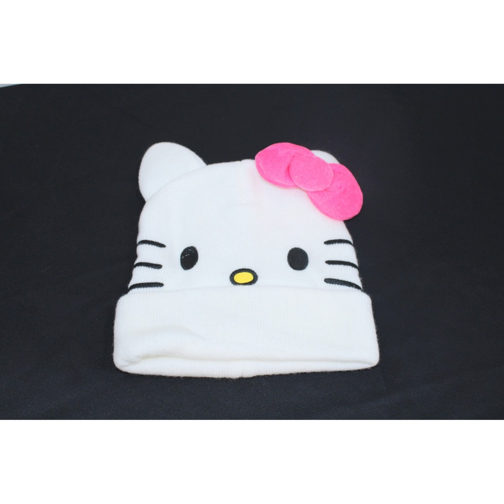 Sanrio Hello Kitty White Knit Beanie Pink Bow 3D Ears Winter Hat Character Cap